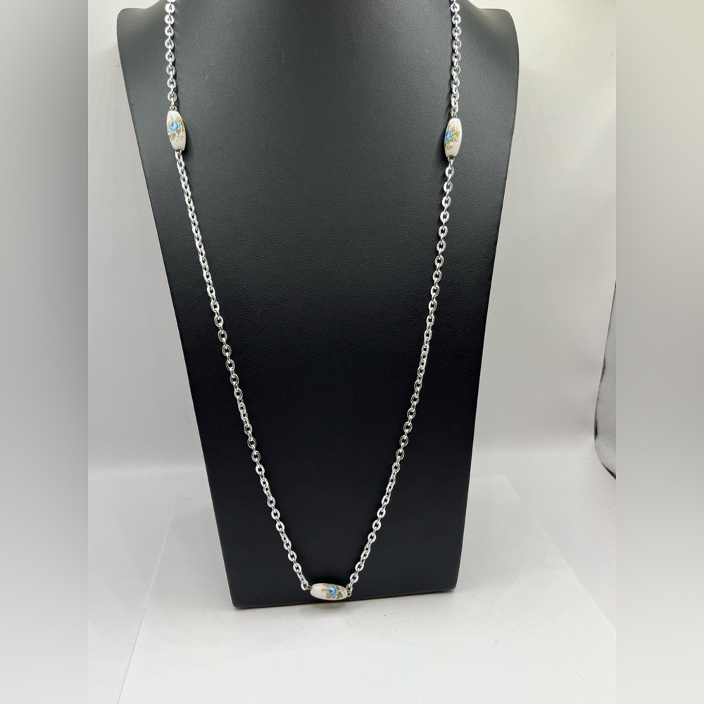 Emmons Porcelain Blue Rose Silver Plated Long 34” Necklace